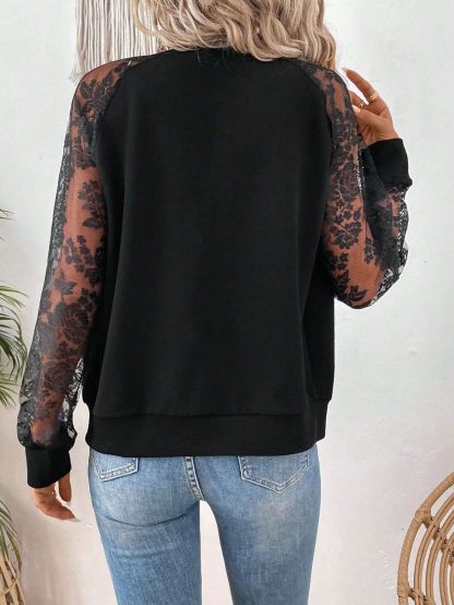 Floral Lace Raglan Sleeve Zip Up Bomber Jacket