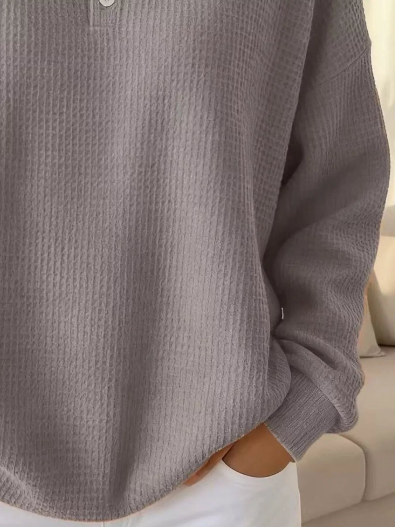 Women's Waffle Knit Polo Collar Henley Top - Casual Loose Drop Shoulder Long Sleeve Shirts