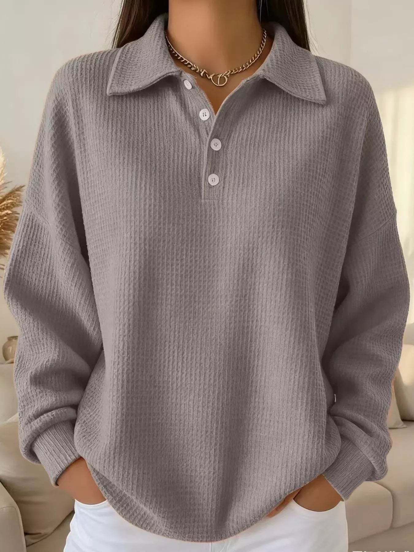 Women's Waffle Knit Polo Collar Henley Top - Casual Loose Drop Shoulder Long Sleeve Shirts