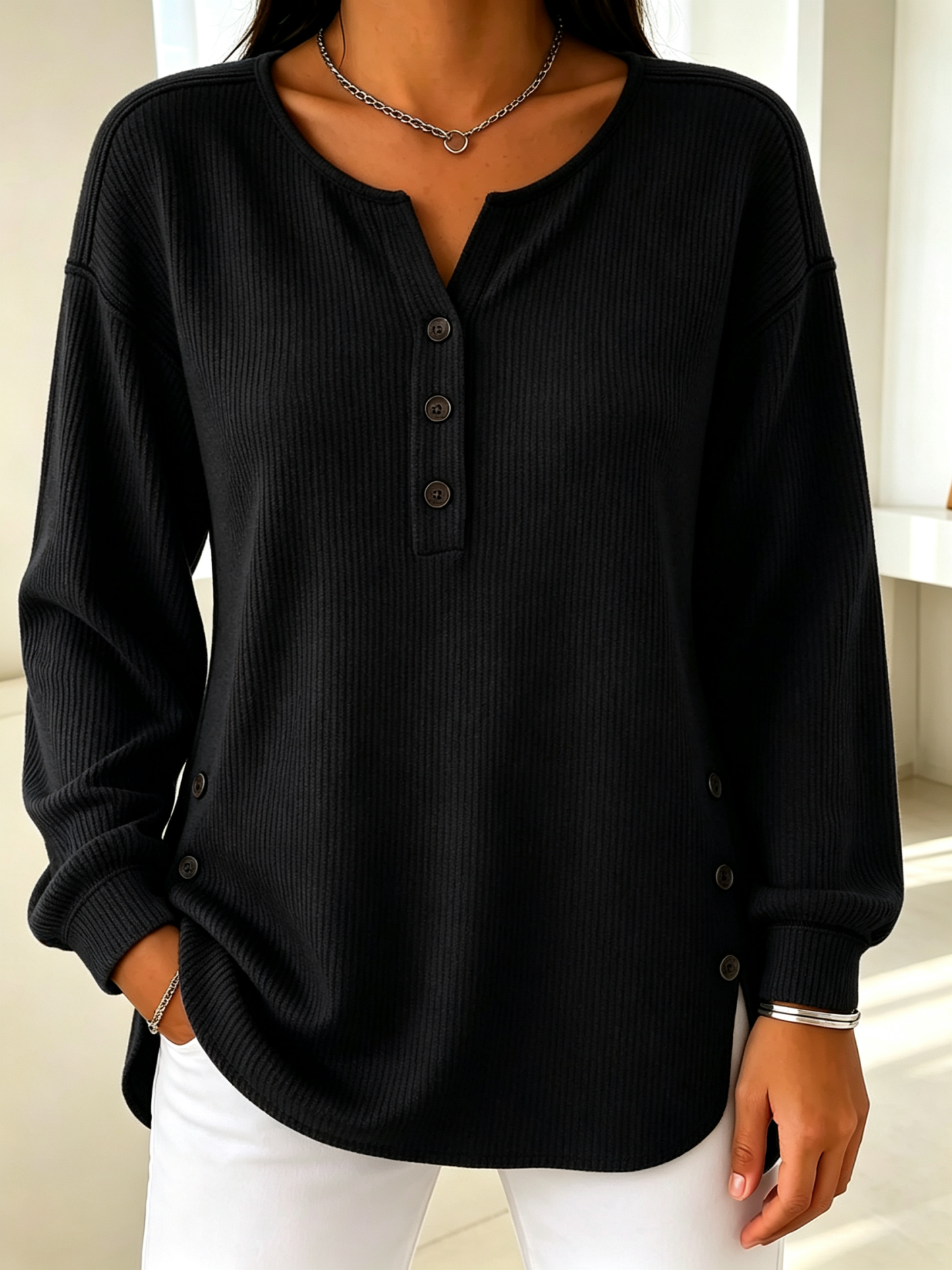 Women’s Ribbed Knit Henley Top Long Sleeve Loose Fit Curved Hem Blouse