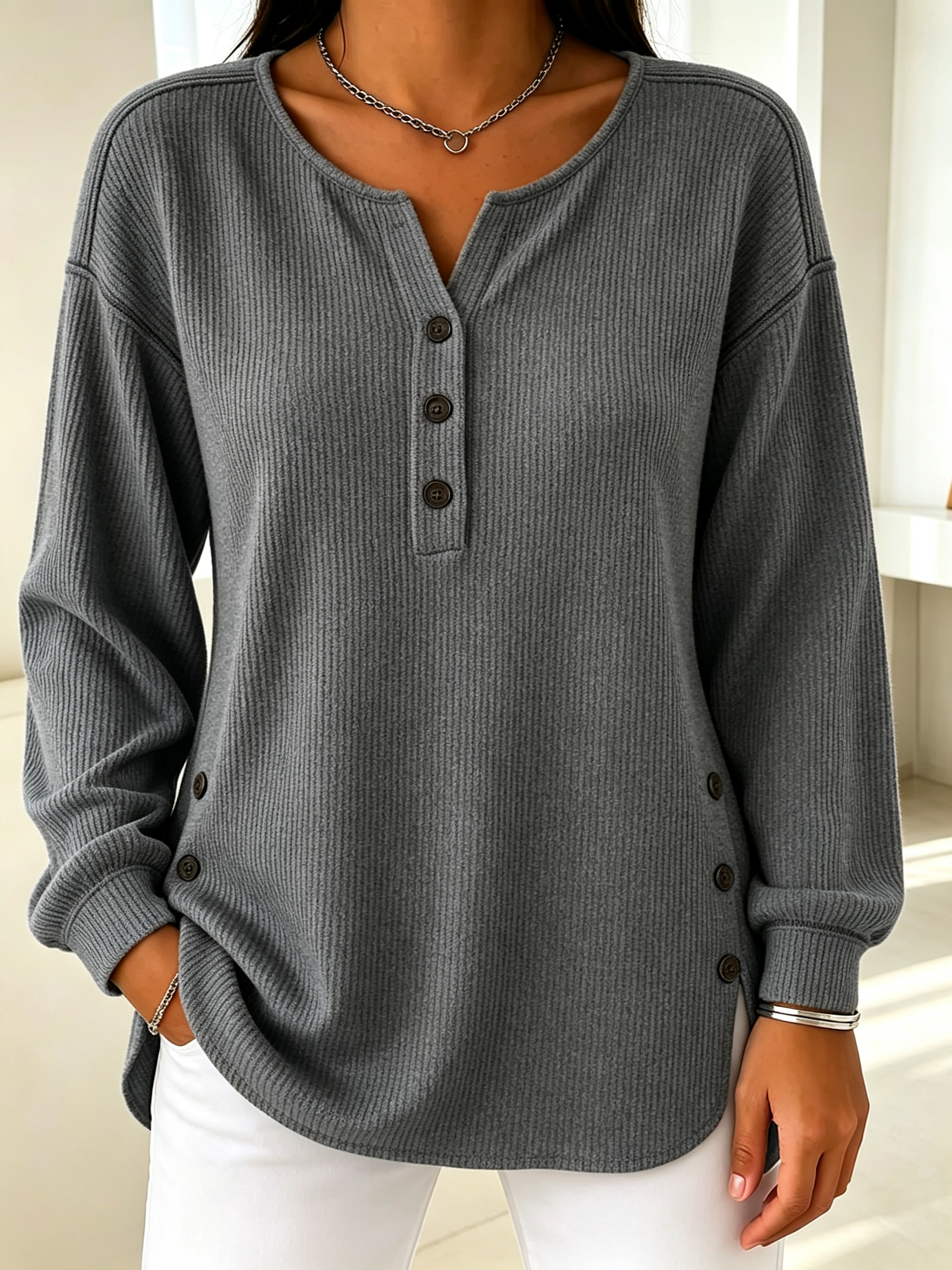 Women’s Ribbed Knit Henley Top Long Sleeve Loose Fit Curved Hem Blouse