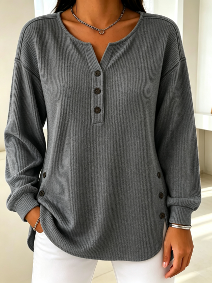 Women’s Ribbed Knit Henley Top Long Sleeve Loose Fit Curved Hem Blouse