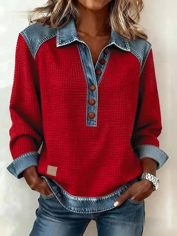 Denim Patchwork Button Henley Collared Ribbed Long Sleeve Top