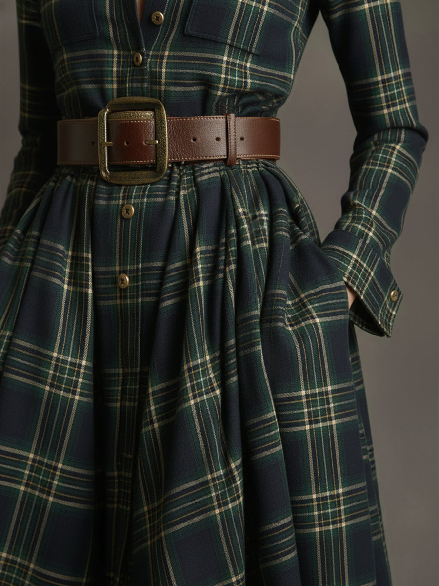 Retro Ethnic Style Lapel Reddish Brown Plaid Maxi Dress
