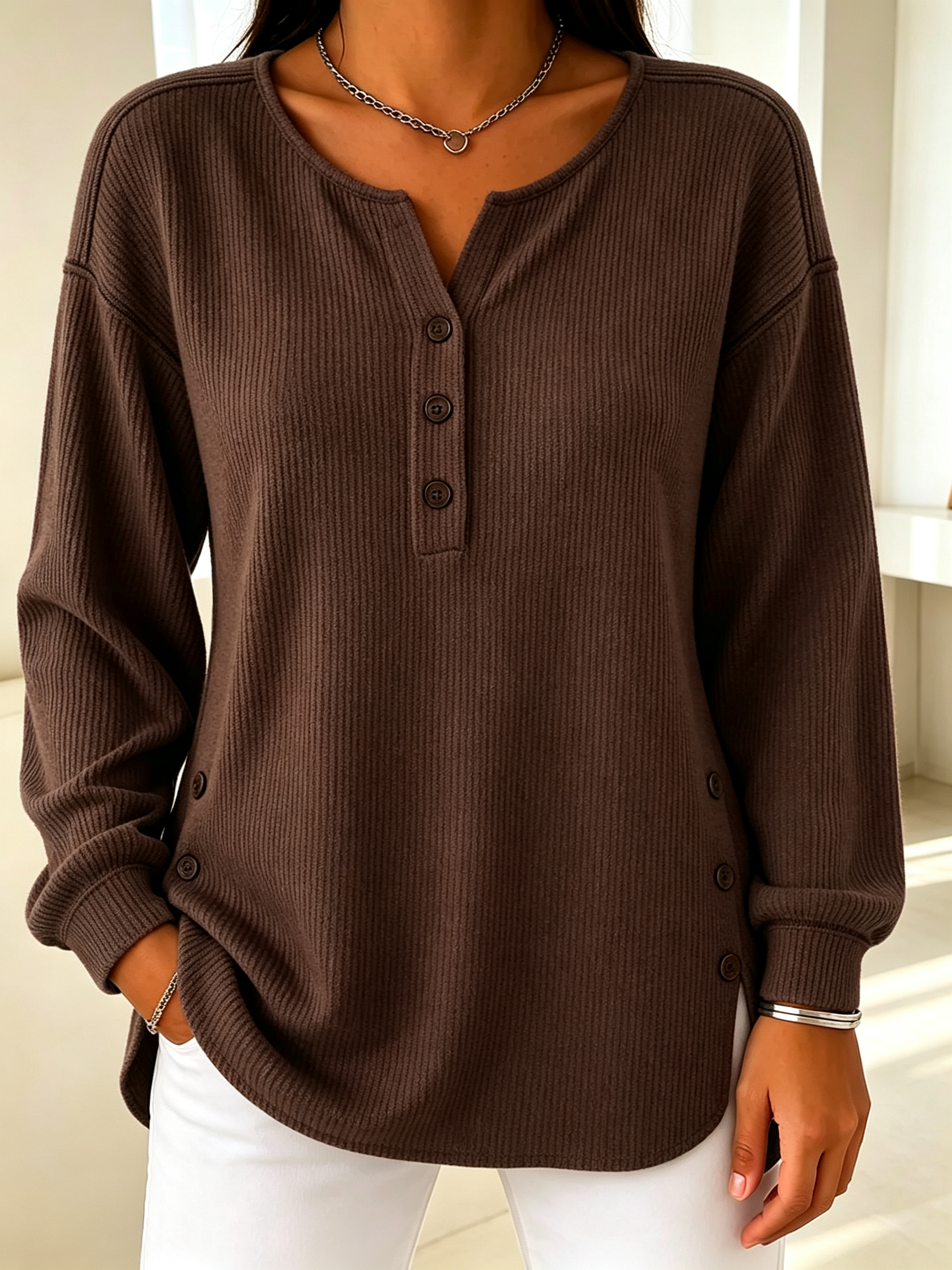 Women’s Ribbed Knit Henley Top Long Sleeve Loose Fit Curved Hem Blouse