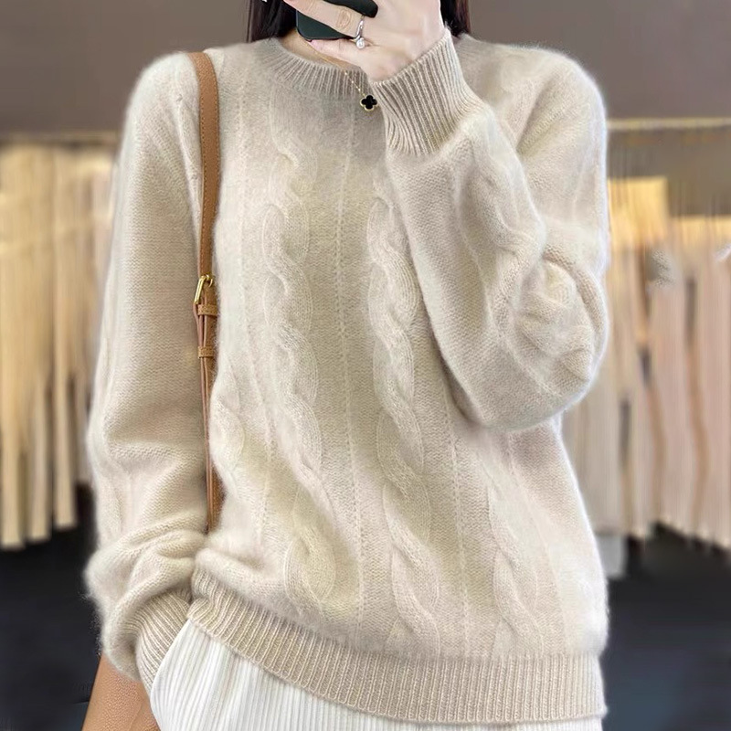 Women’s 100% Mongolian Cashmere Sweater – Classic Crew Neck, Thick Knit Pullover