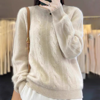 Women’s 100% Mongolian Cashmere Sweater – Classic Crew Neck, Thick Knit Pullover