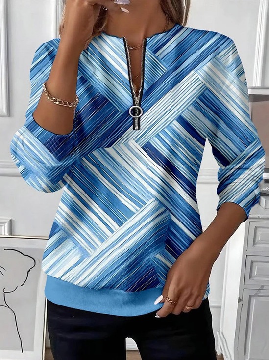 Diagonal Stripe Half-Zip Top, Ladies 3/4 Sleeve Casual Shirt for Daily Wear