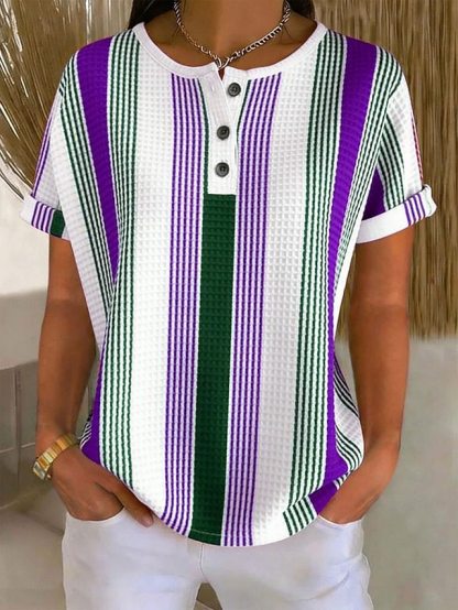 Waffle Knit Colorful Striped Henley Neck Rolled Short Sleeve Top