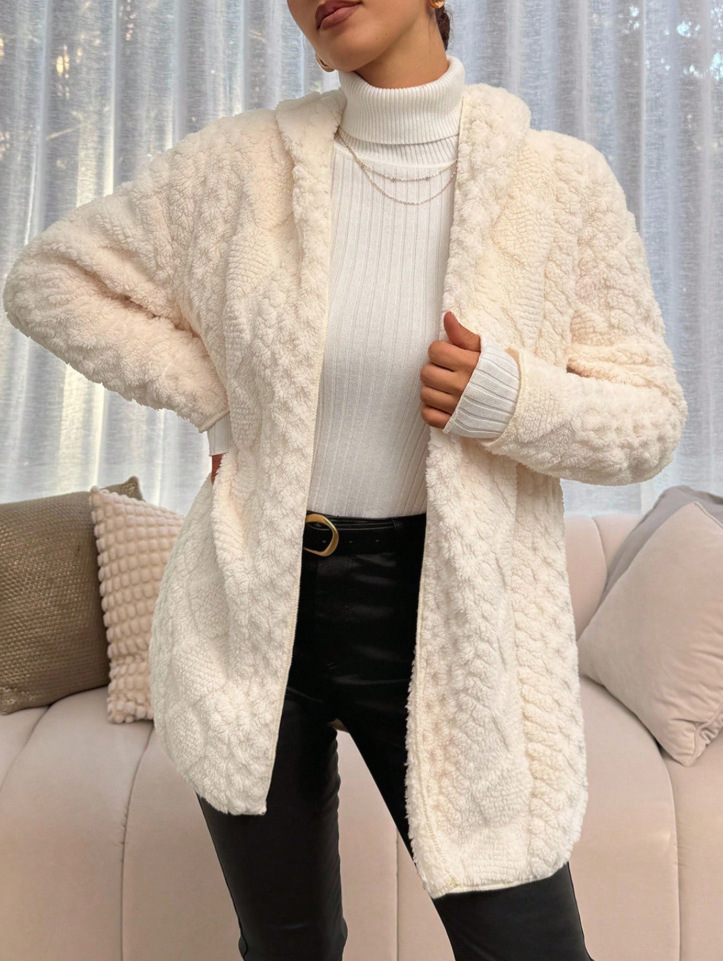 🔥 Textured Fuzzy Hooded Open Front Cardigan