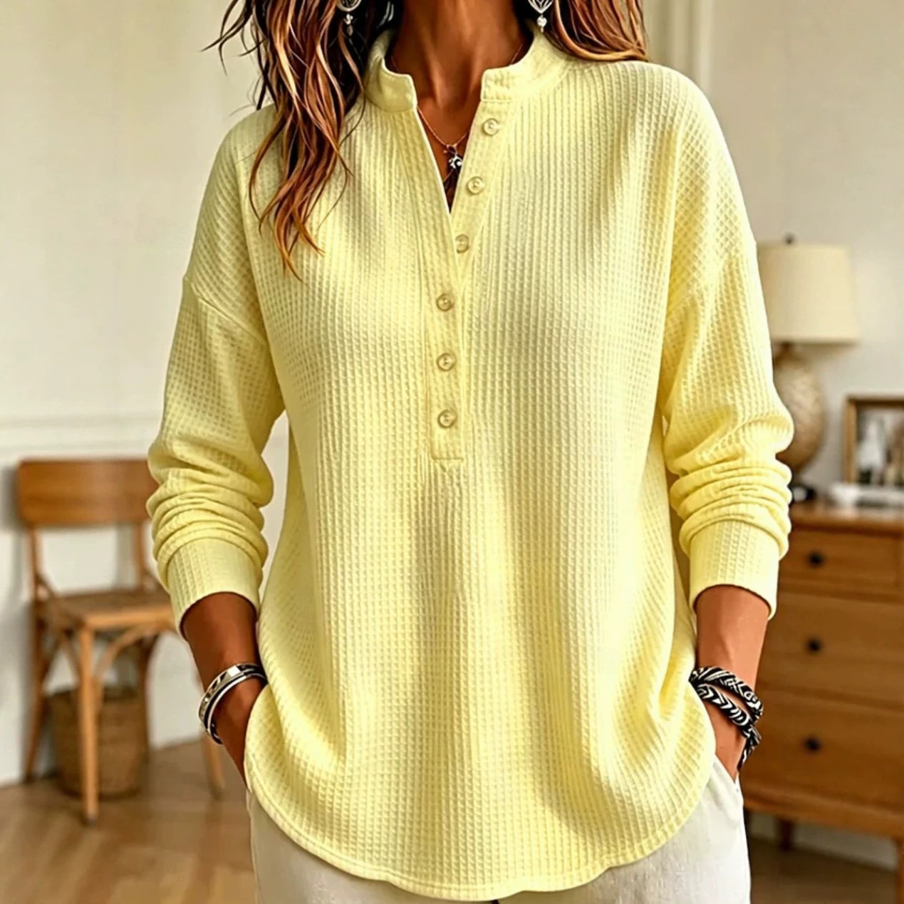 Women's Waffle Knit Henley Long Sleeve Shirts - Casual Stand Collar Button Up Pullover Tops