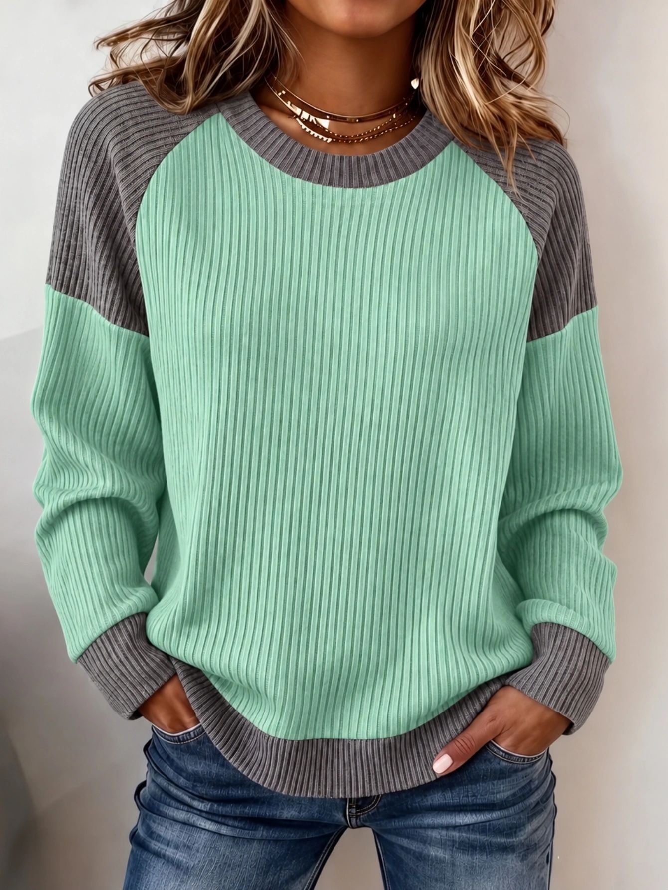 Women Relaxed Fit Color Block Ribbed Knit Long Sleeve Crew Neck Top