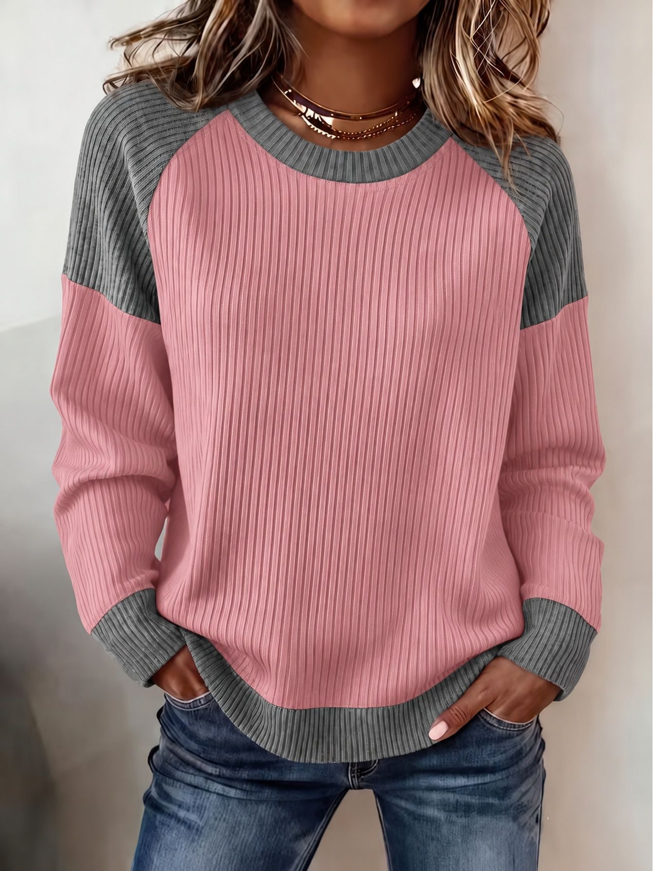 Women Relaxed Fit Color Block Ribbed Knit Long Sleeve Crew Neck Top