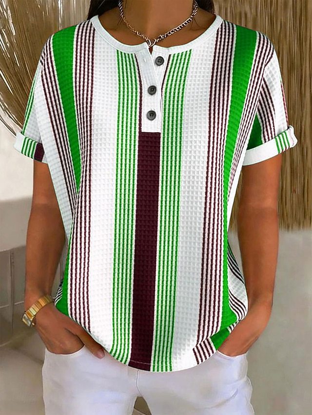 Waffle Knit Colorful Striped Henley Neck Rolled Short Sleeve Top