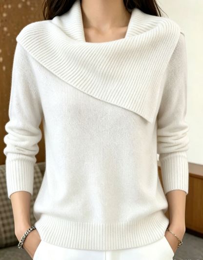 Pearl Decor Asymmetric Wrap Cowl Neck Knit Sweater