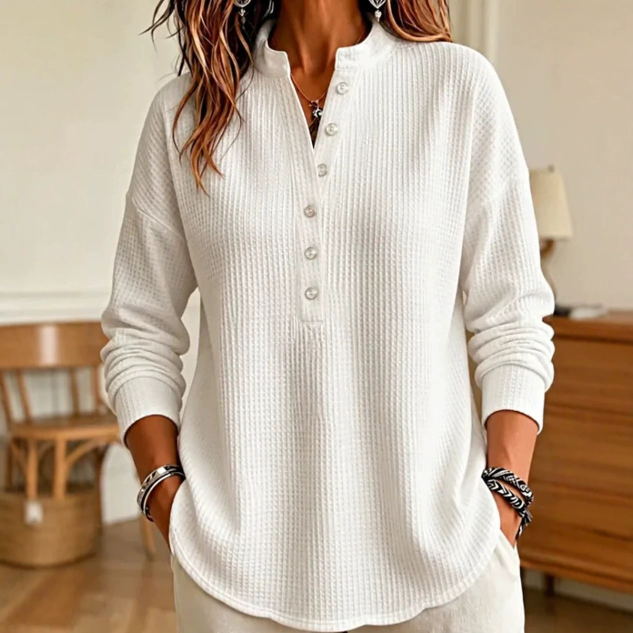 Women's Waffle Knit Henley Long Sleeve Shirts - Casual Stand Collar Button Up Pullover Tops