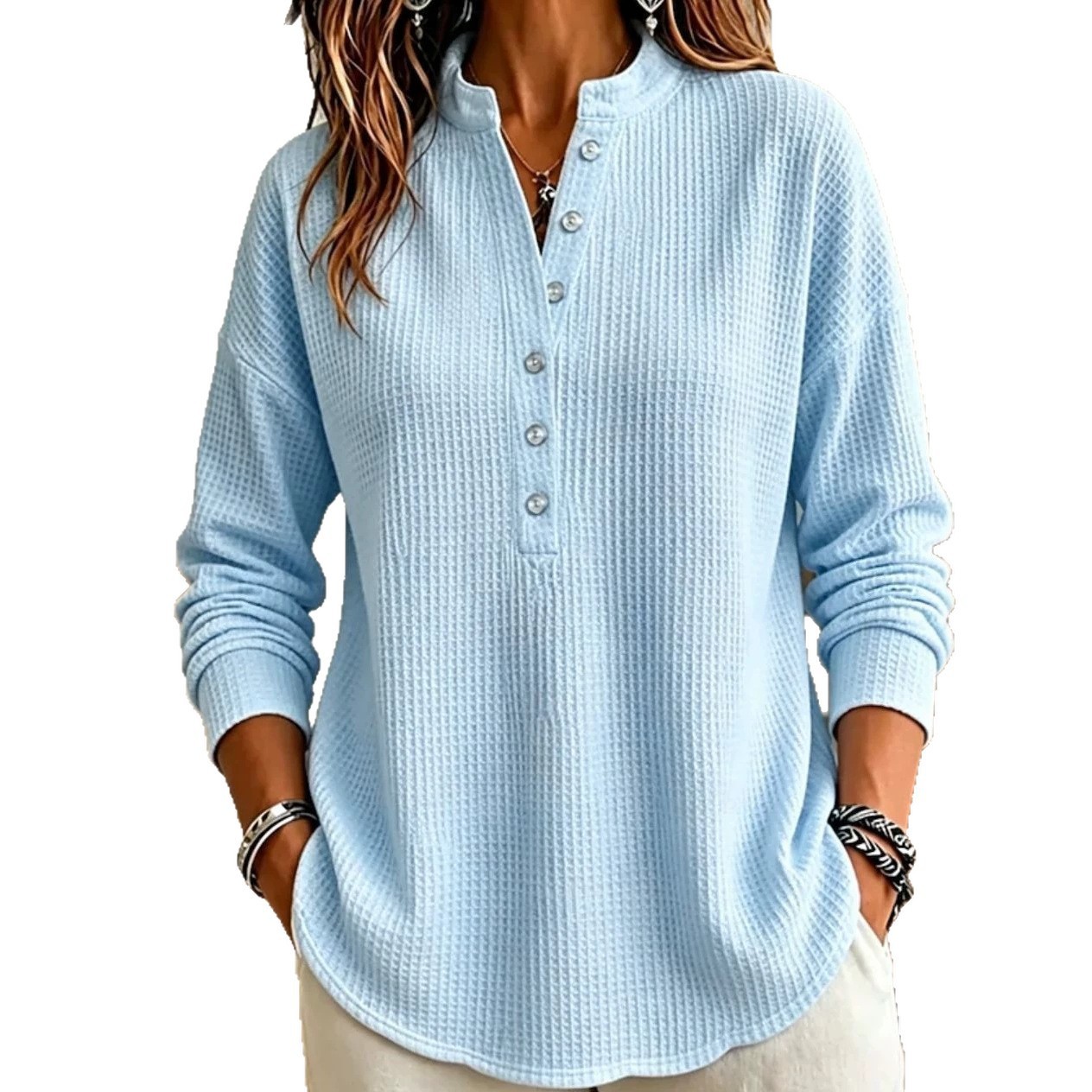 Women's Waffle Knit Henley Long Sleeve Shirts - Casual Stand Collar Button Up Pullover Tops