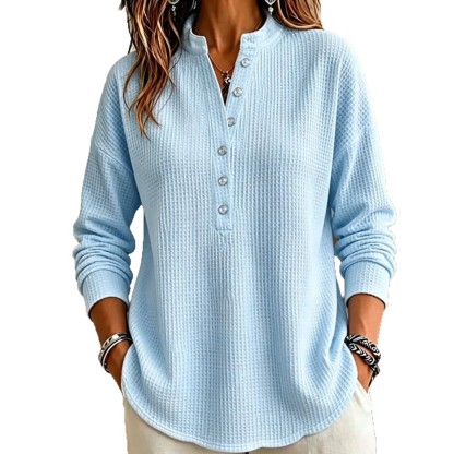 Women's Waffle Knit Henley Long Sleeve Shirts - Casual Stand Collar Button Up Pullover Tops