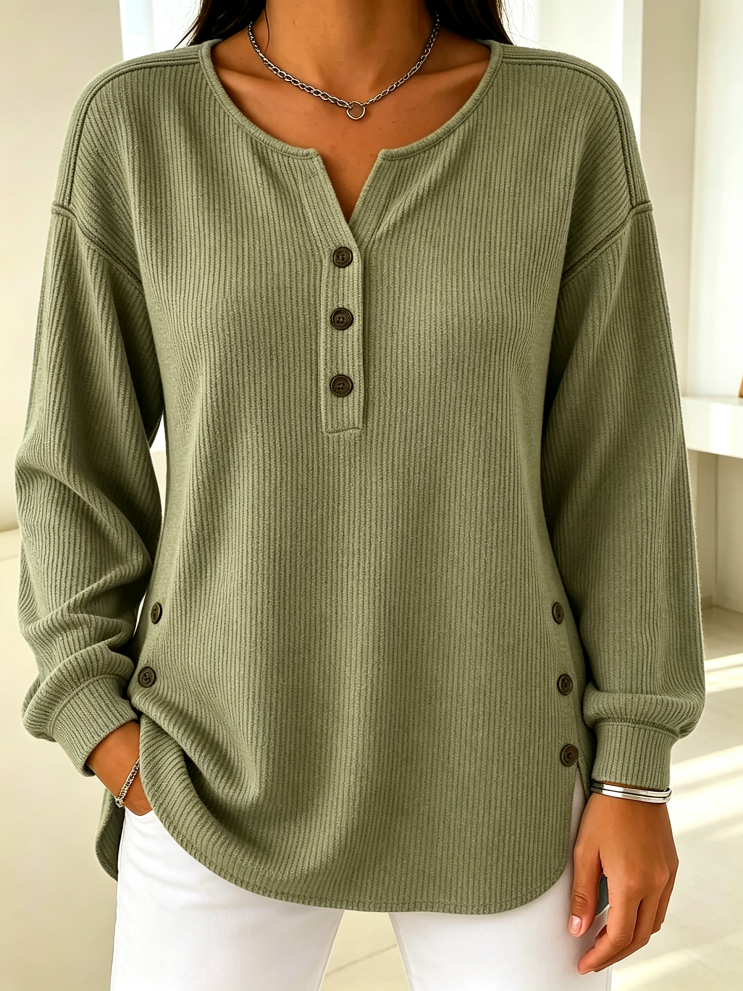 Women’s Ribbed Knit Henley Top Long Sleeve Loose Fit Curved Hem Blouse