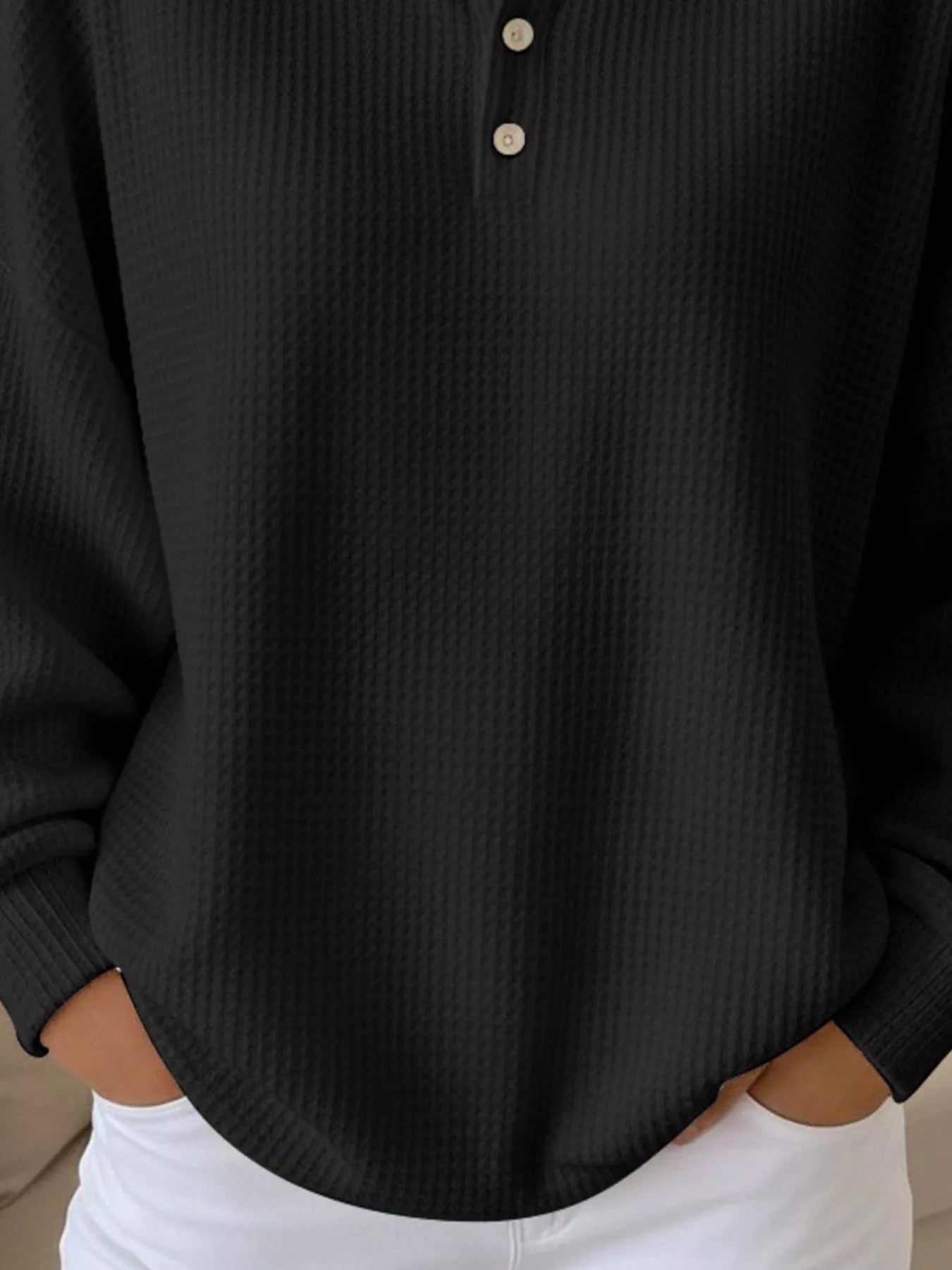 Women's Waffle Knit Polo Collar Henley Top - Casual Loose Drop Shoulder Long Sleeve Shirts