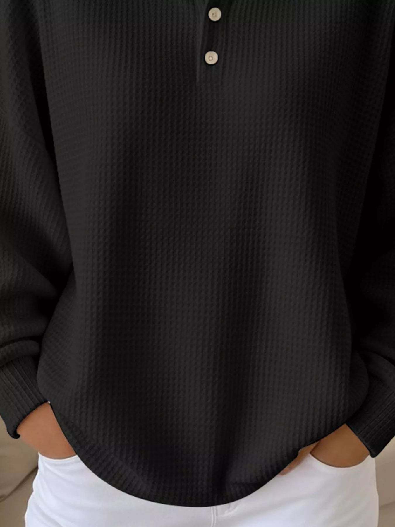 Women's Waffle Knit Polo Collar Henley Top - Casual Loose Drop Shoulder Long Sleeve Shirts