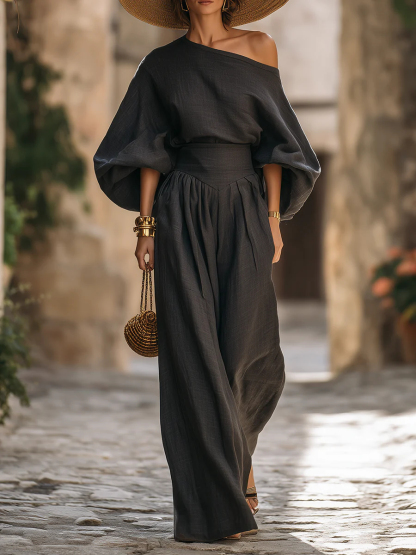 Stylish Off-shoulder Top And Wide-leg Pants Two-piece Set