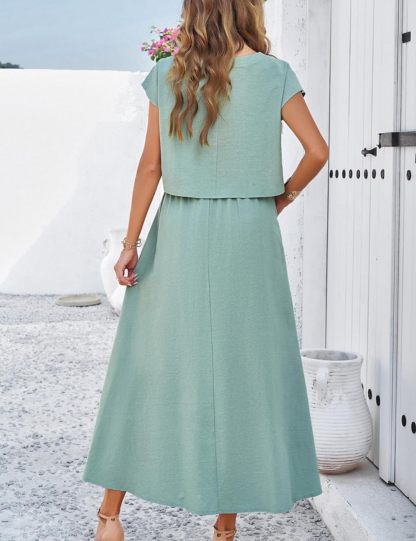 2025 Summer Skirt Sets Women 2 Piece Outfits Cap Sleeve Top Elastic Waist Maxi Dress Sets with Pockets