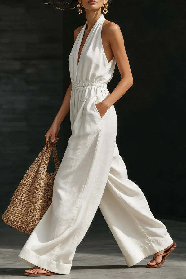 Women Halter V Neck Jumpsuit Elastic Waist Wide Leg Linen Blend Casual Vacation Long Jumpsuits with Pockets