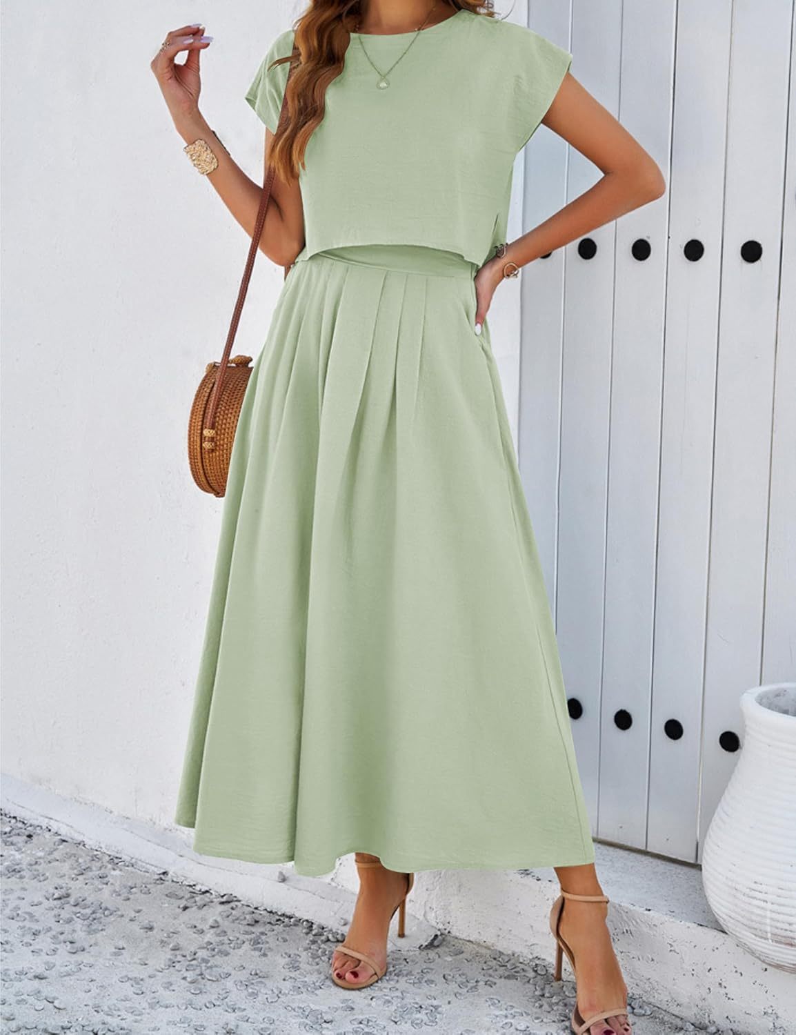 2025 Summer Skirt Sets Women 2 Piece Outfits Cap Sleeve Top Elastic Waist Maxi Dress Sets with Pockets