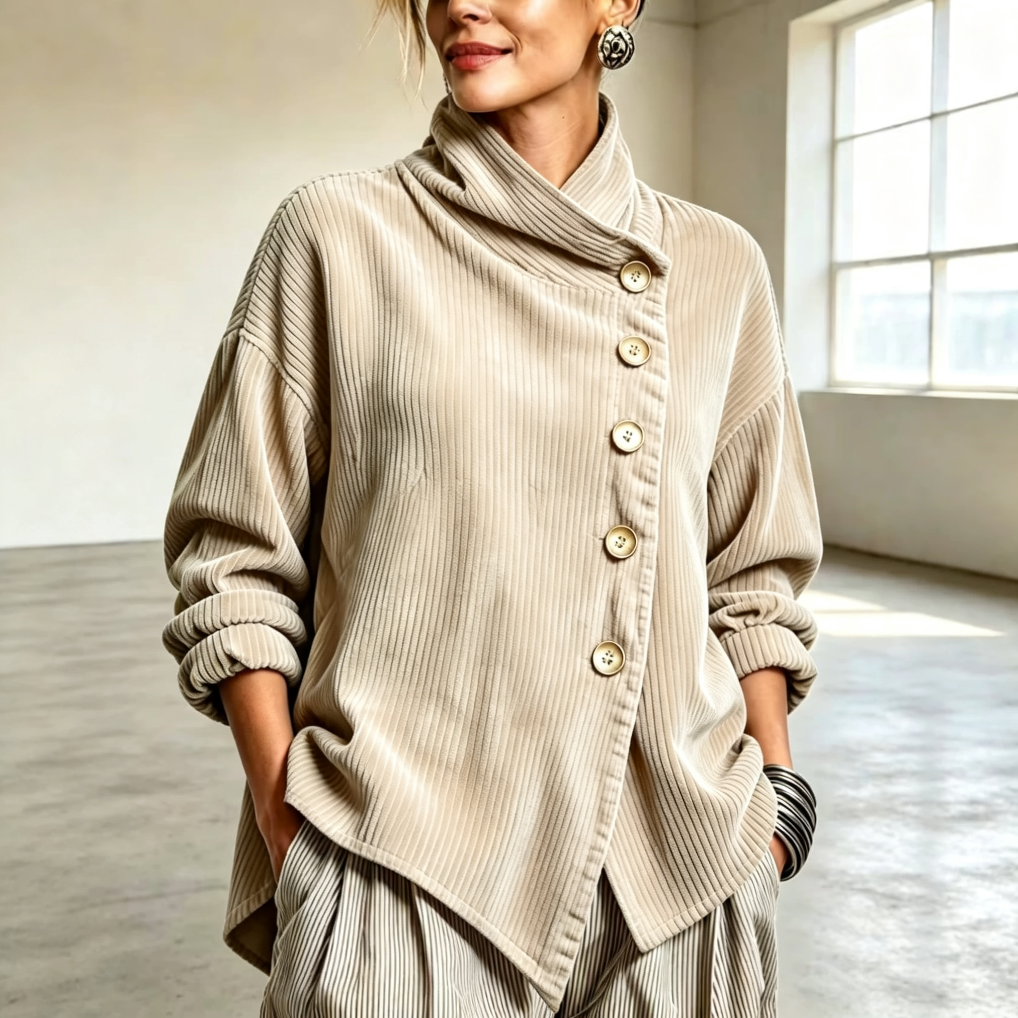 Chic High Funnel Neck Asymmetric Corduroy Top