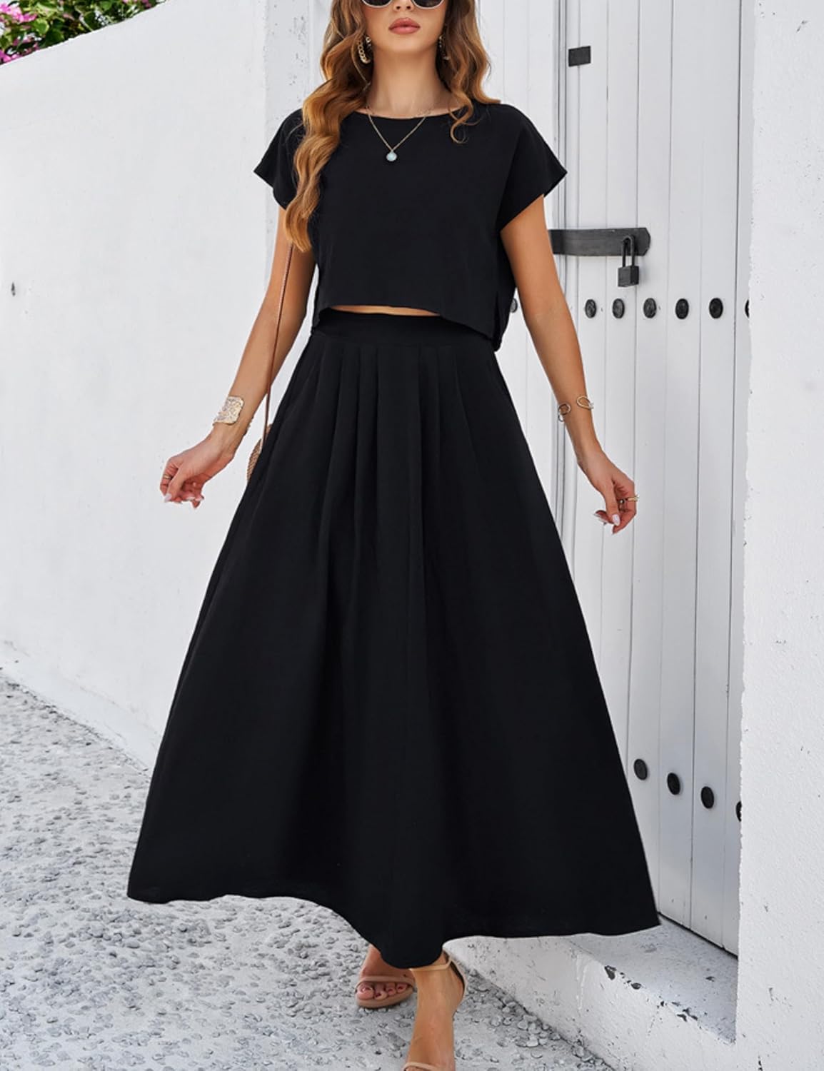 2025 Summer Skirt Sets Women 2 Piece Outfits Cap Sleeve Top Elastic Waist Maxi Dress Sets with Pockets