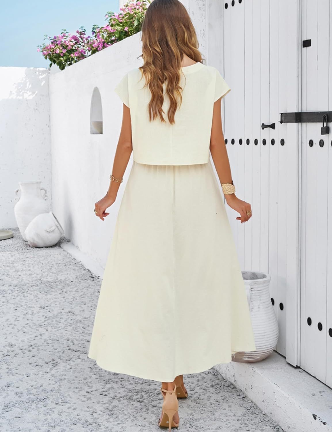 2025 Summer Skirt Sets Women 2 Piece Outfits Cap Sleeve Top Elastic Waist Maxi Dress Sets with Pockets
