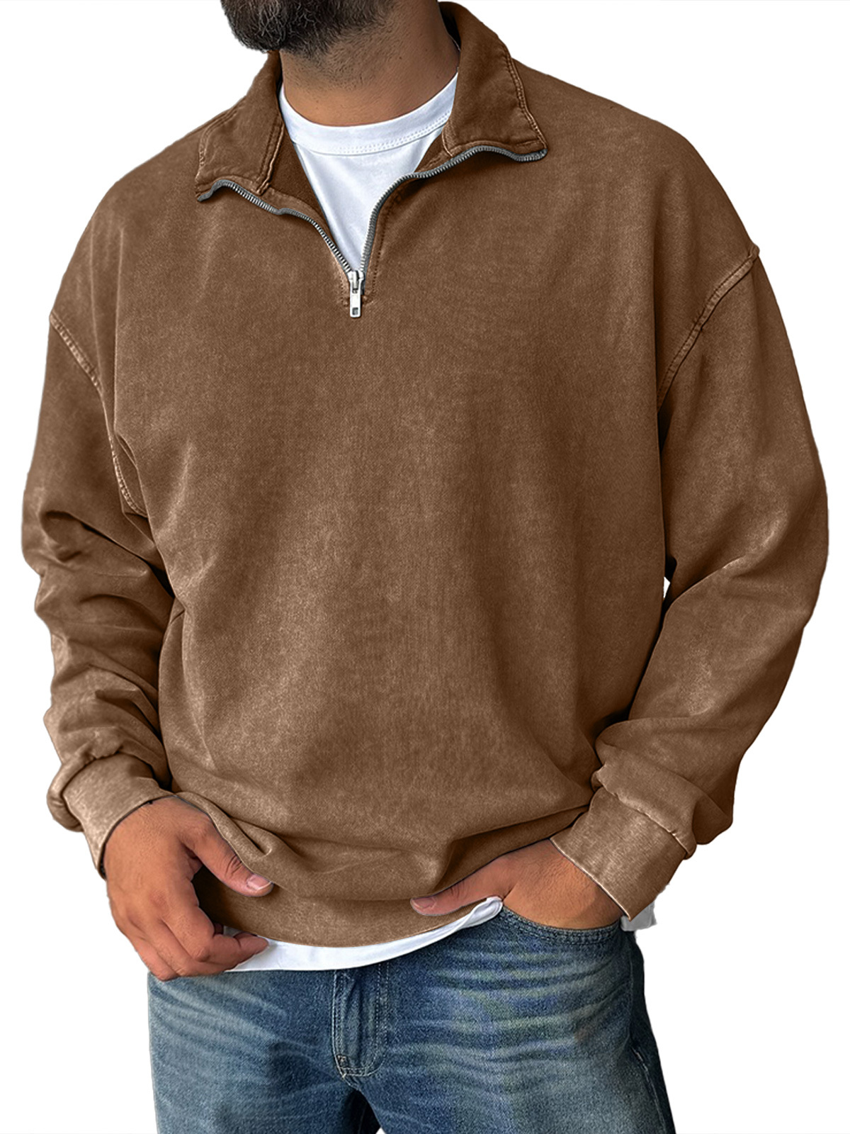 Men's Fashionable Retro Half-zip Stand Collar Casual Sweatshirt