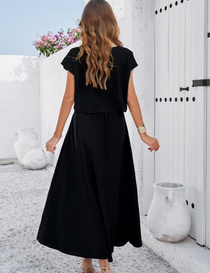 2025 Summer Skirt Sets Women 2 Piece Outfits Cap Sleeve Top Elastic Waist Maxi Dress Sets with Pockets
