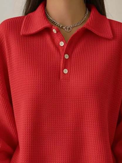 Women's Waffle Knit Polo Collar Henley Top - Casual Loose Drop Shoulder Long Sleeve Shirts