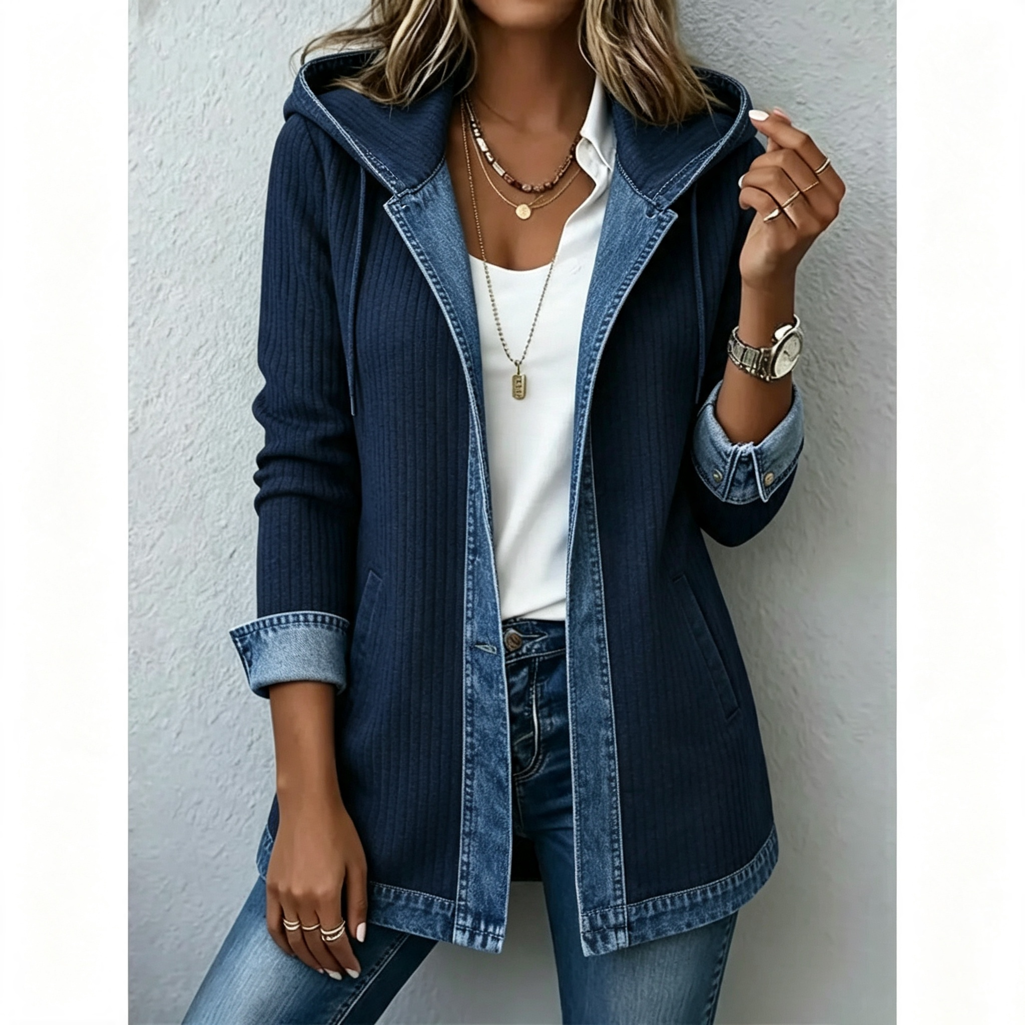 Elegant Mixed Media Denim Knit Hooded jacket Cardigan Open Front Lapel Sweater Coat Mid Length Comfort Fit Outerwear