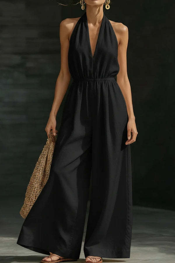 Women Halter V Neck Jumpsuit Elastic Waist Wide Leg Linen Blend Casual Vacation Long Jumpsuits with Pockets