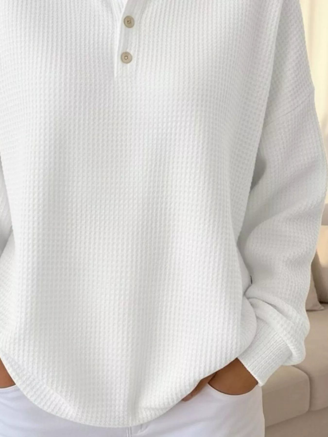Women's Waffle Knit Polo Collar Henley Top - Casual Loose Drop Shoulder Long Sleeve Shirts