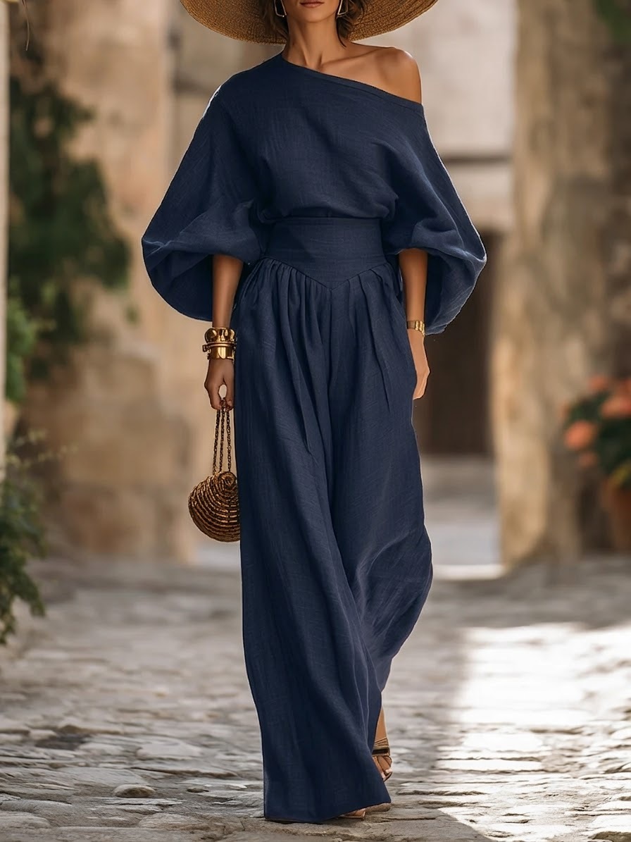 Stylish Off-shoulder Top And Wide-leg Pants Two-piece Set