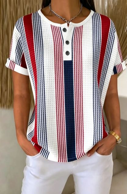 Waffle Knit Colorful Striped Henley Neck Rolled Short Sleeve Top