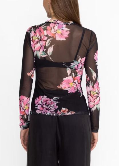 Women’s Floral Mesh Top Sheer Long Sleeve Printed Blouse Slim Fit Layering Shirt