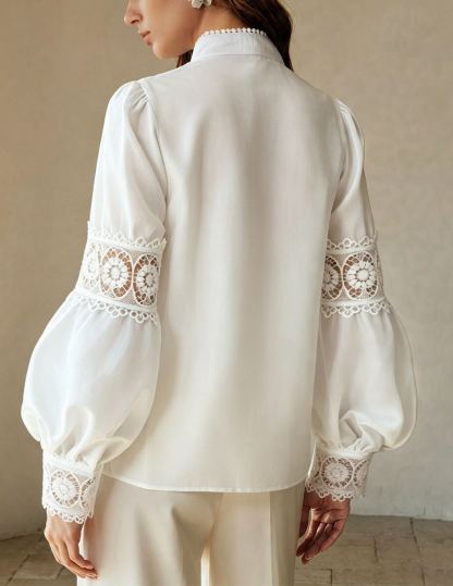 Women’s Lace Patchwork Stand Collar Puff Lantern Long Sleeve Button Down Blouse