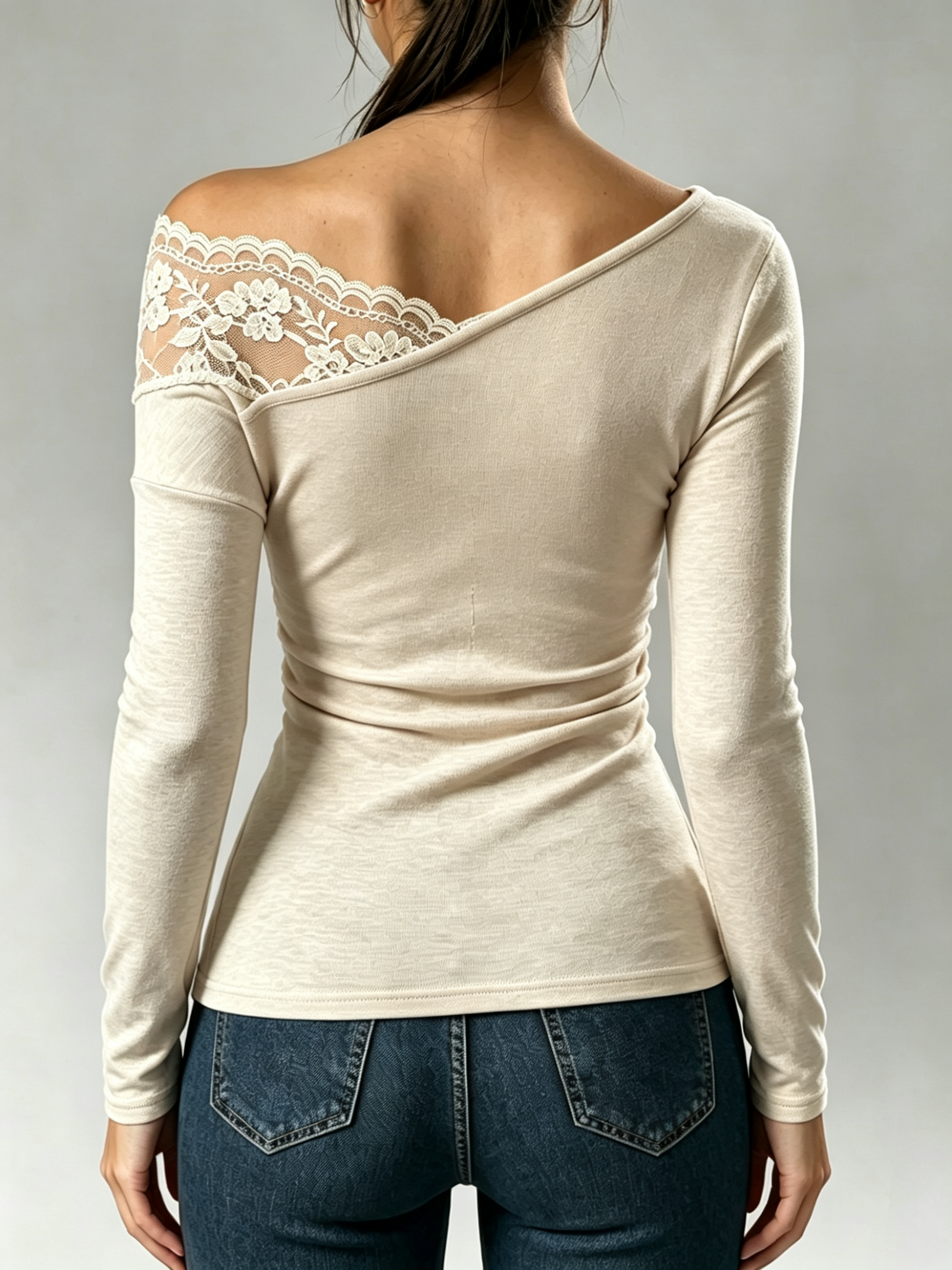 Women's Asymmetrical Off-Shoulder Lace Insert Long Sleeve Fitted Blouse