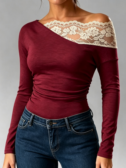 Women's Asymmetrical Off-Shoulder Lace Insert Long Sleeve Fitted Blouse