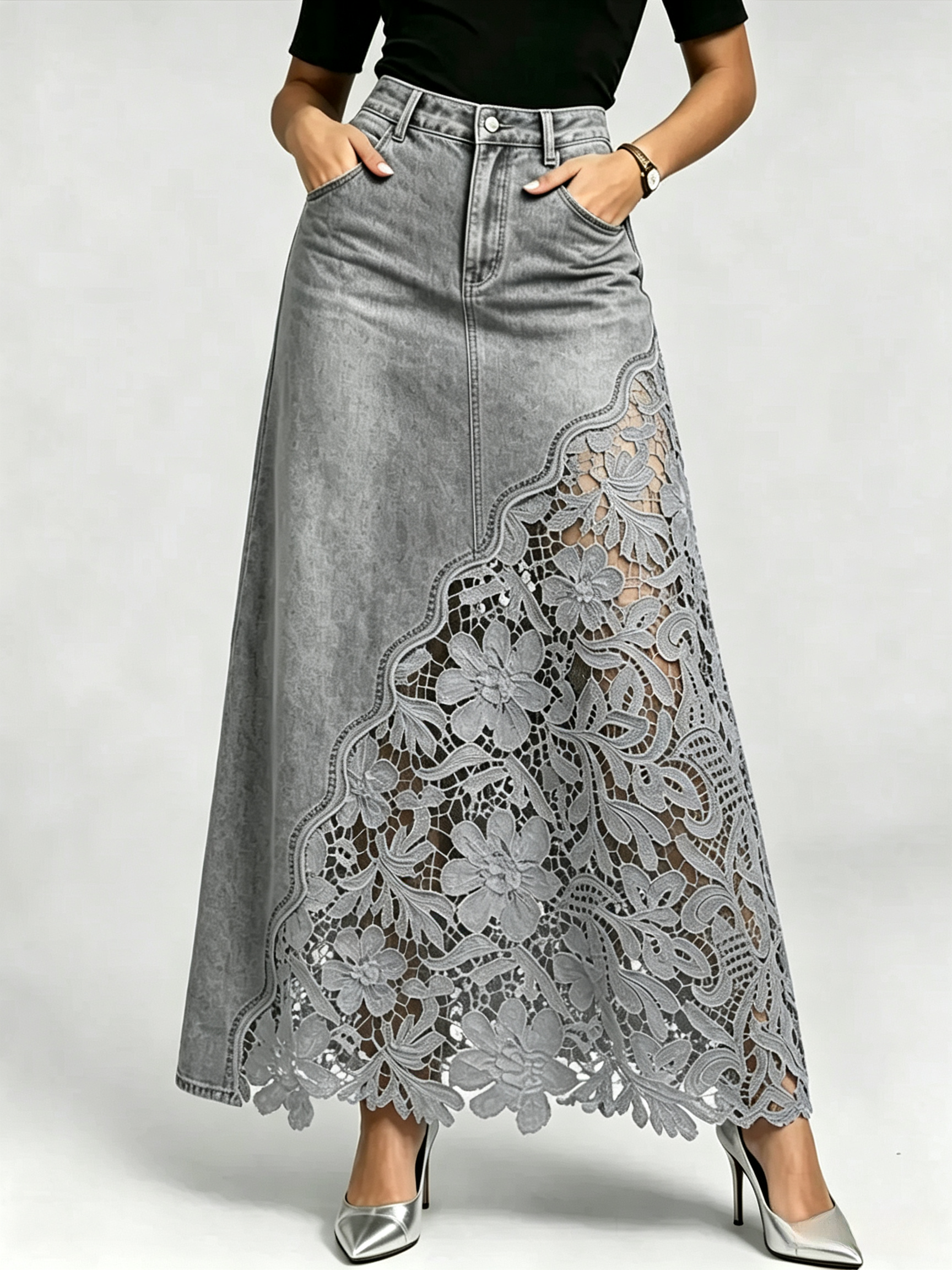 Stylish & Sexy ❤️‍🔥 Lace-paneled Cutout Denim Skirt