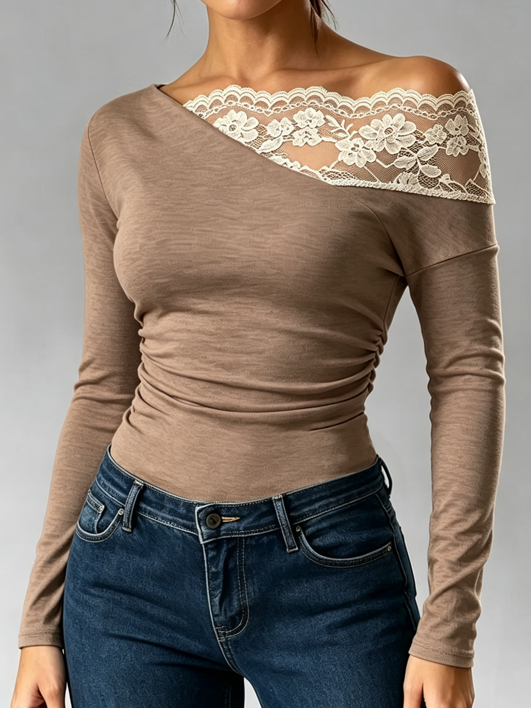 Women's Asymmetrical Off-Shoulder Lace Insert Long Sleeve Fitted Blouse