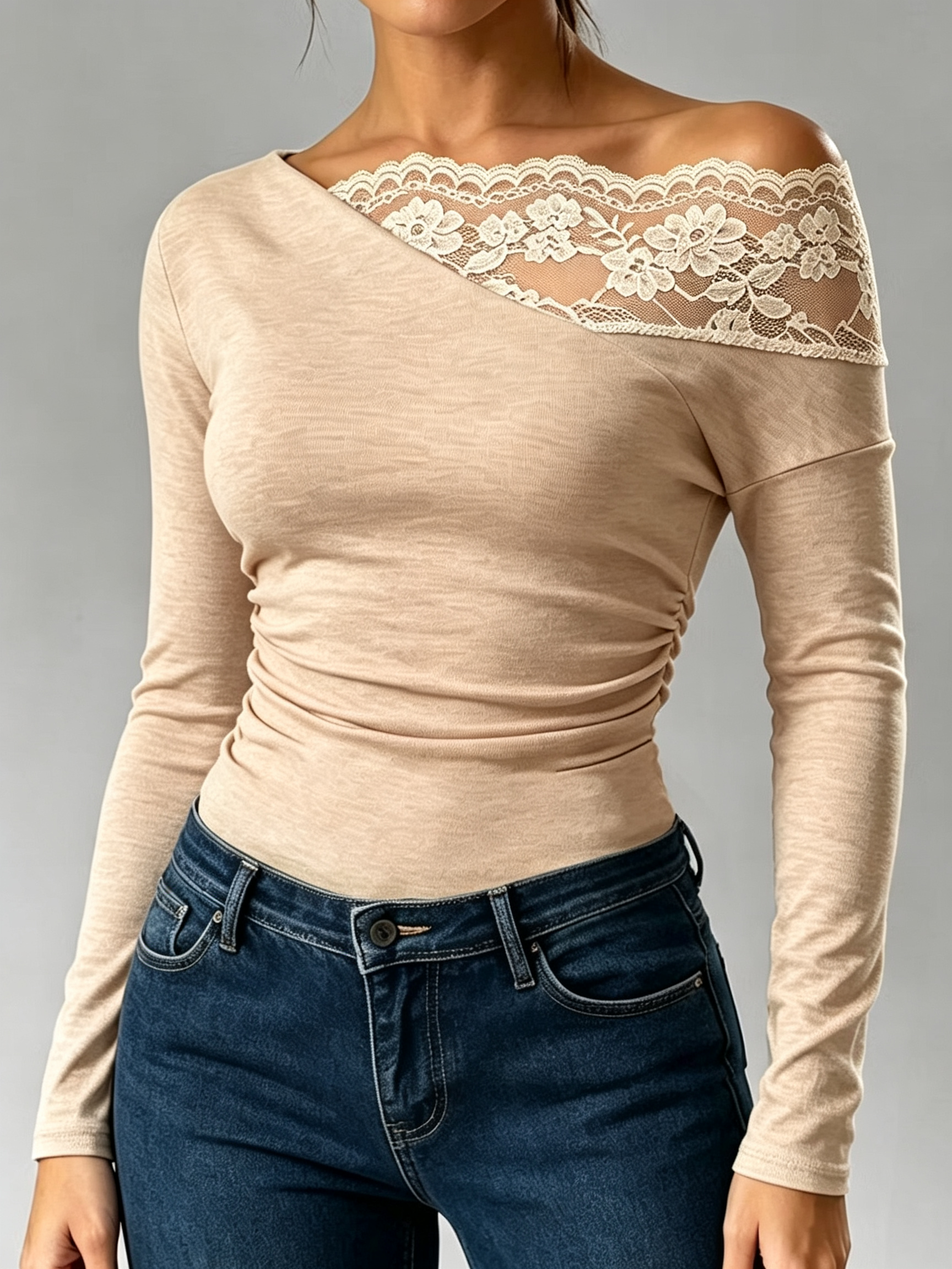 Women's Asymmetrical Off-Shoulder Lace Insert Long Sleeve Fitted Blouse