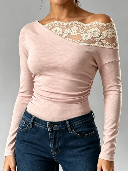 Women's Asymmetrical Off-Shoulder Lace Insert Long Sleeve Fitted Blouse