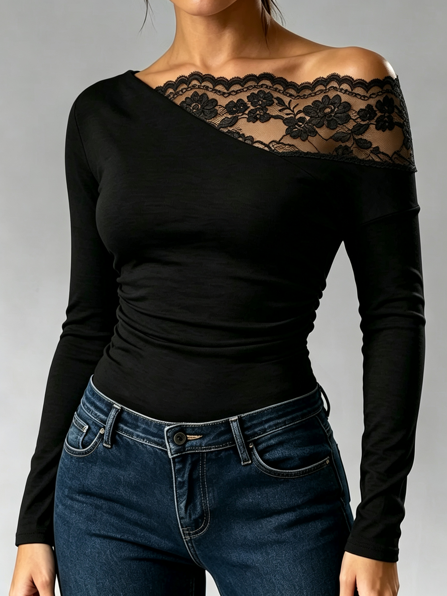 Women's Asymmetrical Off-Shoulder Lace Insert Long Sleeve Fitted Blouse