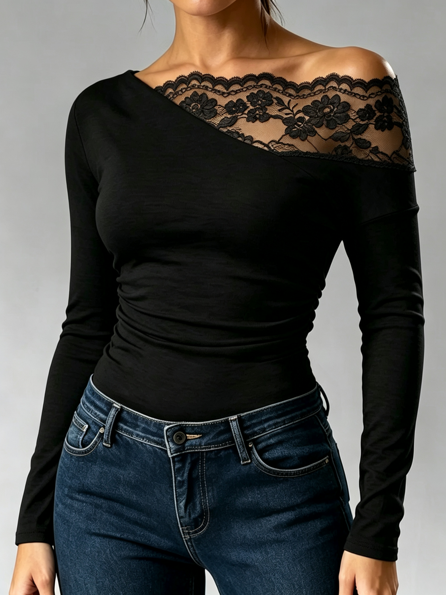 Women's Asymmetrical Off-Shoulder Lace Insert Long Sleeve Fitted Blouse